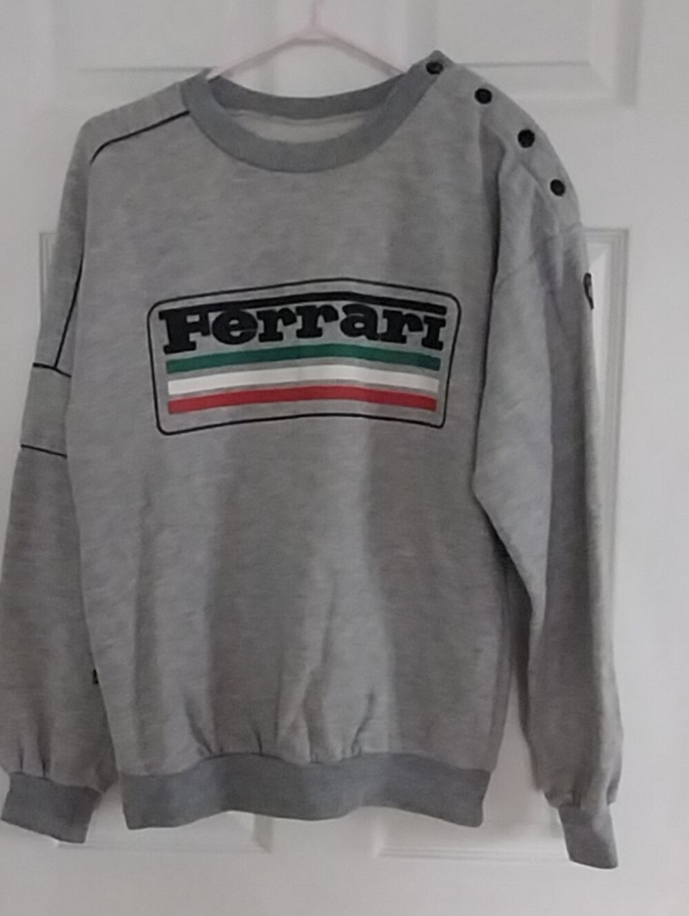 Ferrari Light Gray Crewneck Sweater with Green White Red Stripe